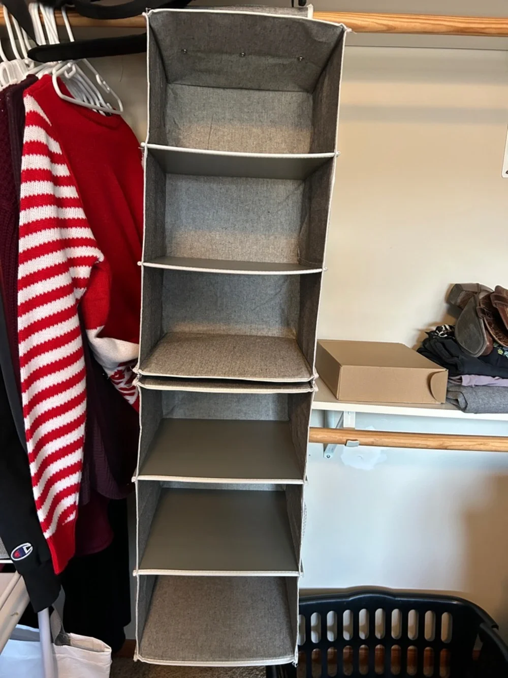 Gray Fabric Hanging Closet Organizer -Flexible 6 Shelf Storage